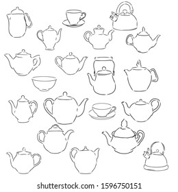 Set of teapot and cups, vector sketch illustration 