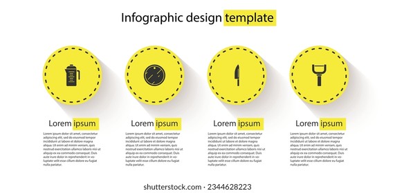 Set Teapot, Cutting board, Knife and Peeler. Business infographic template. Vector