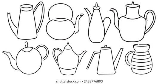 set of teapot in doodle style in vector. template for greeting card design sticker poster