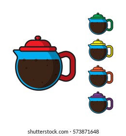 set  teapot, fragrant drink, coffee, tea, red, green, orange,violet,yellow,vector image,flat design