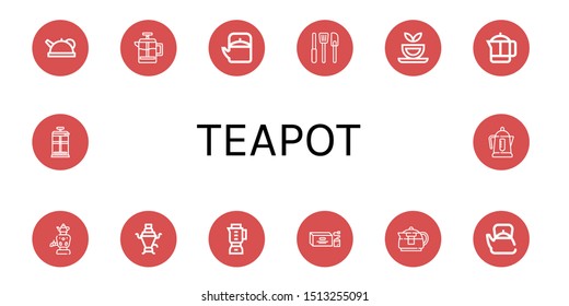 Set of teapot icons such as Teapot, French press, Kitchen tools, Herbal tea, Samovar, Blender, Tea bag, Electric kettle , teapot