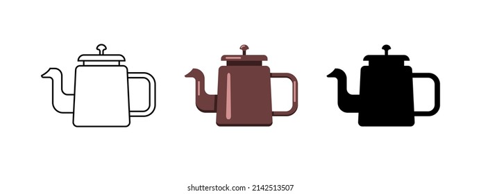 A set of Teapot Illustrations in different variants. Linear kettle icon. Hot drink utensils in both color and black silhouette. Isolated on white background. Vector graphics