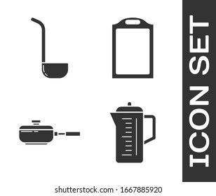 Set Teapot , Kitchen ladle , Frying pan  and Cutting board  icon. Vector