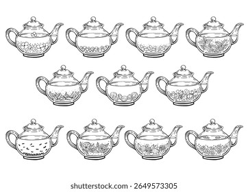 Set with teapot. Medicinal tea. Hand drawn vector illustration.