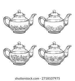 Set com bule de chá. Chá medicinal. Ilustração de vetor desenhada à mão.