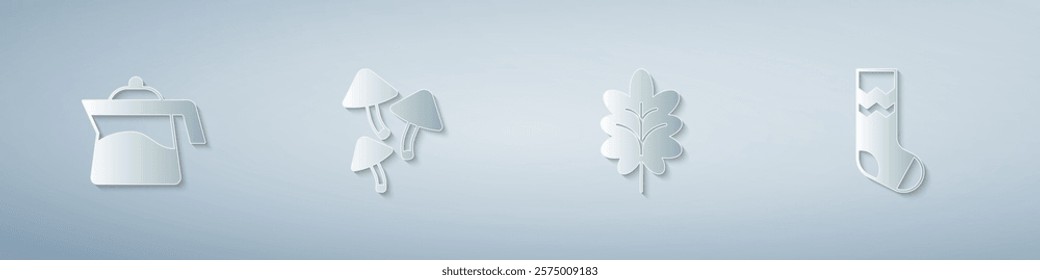 Set Teapot, Mushroom, Leaf and Socks. Paper art style. Vector