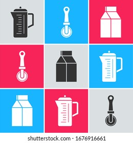 Set Teapot , Pizza knife  and Paper package for milk  icon. Vector