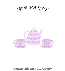 set teapot teapot and purple cups. Tea party vector illustration.