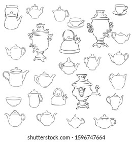 Set of teapot samovar, vector sketch illustration 