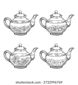 Set com bule de chá. Chá. Ilustração de vetor desenhada à mão.