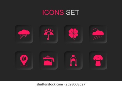 Set Teapot, Umbrella and rain drops, Cloud lightning, Winter hat, with sun, Mushroom, Four leaf clover and Location icon. Vector