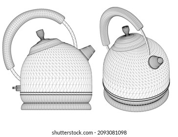 Set with teapot wireframes from black lines isolated on white background. Side view, isometric. 3D. Vector illustration