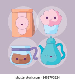 set teapots with bag paper and cupcake kawaii