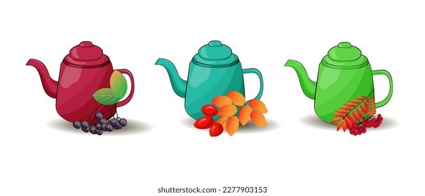 Un conjunto de teteras con bayas. Té de Berry. Té de rosa salvaje, rowan, currant. Ilustración del vector
