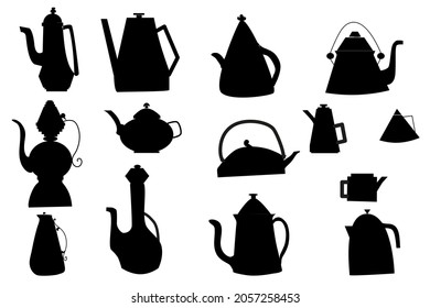 Set of teapots in black colour. Silhouette.