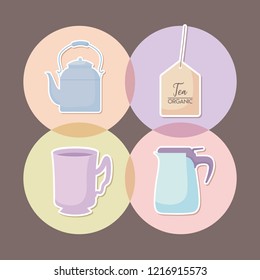 set of teapots and cup isolated icon