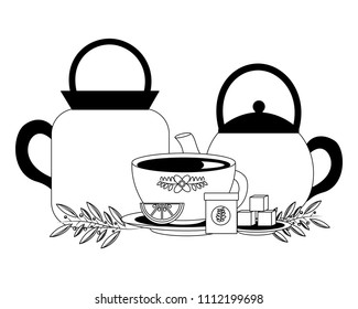 set teapots with cup and leaves isolated icon