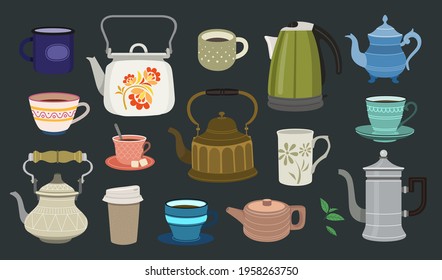 Set of teapots and cups. Set of color illustrations with teapots and cups on dark background.