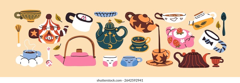 Set of teapots and cups. Different patterned kettles, mugs, teaspoons for preparing herbal beverages, hot drinks. Various pottery teacups, infusers for tea, coffee. Flat isolated vector illustrations