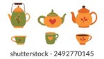 Set of teapots and cups drawn by hand in a cartoon style. Tea party with vintage teapots and cups. Vector illustration