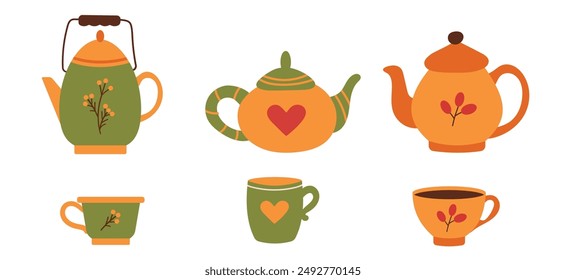 Set of teapots and cups drawn by hand in a cartoon style. Tea party with vintage teapots and cups. Vector illustration