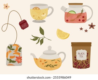 Set of teapots, and cups with fruits, lemon, and herbal tea. Cartoon hot drinks