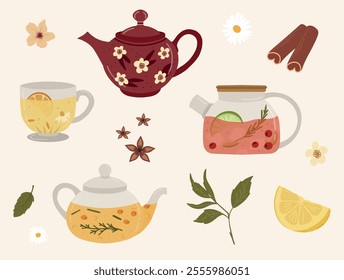 Set of teapots, and cups with fruits, lemon, and herbal tea. Cartoon hot drinks