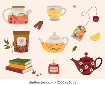 Set of teapots, and cups with fruits, lemon, and herbal tea. Cartoon hot drinks