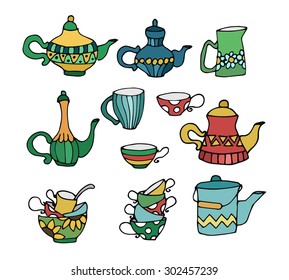 Set of teapots and cups. Hand drawing. Vector illustration
