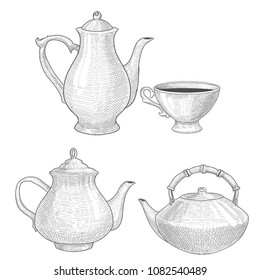 Set of teapots and cups. Hand drawn tableware illustration. Vector elements isolated on white.