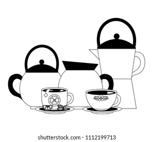 set teapots with cups isolated icon