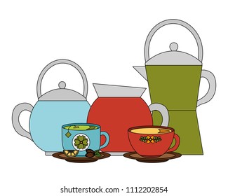 set teapots with cups isolated icon