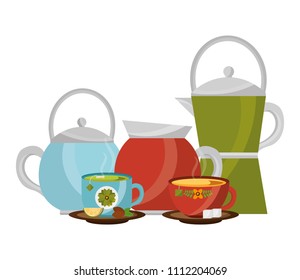 set teapots with cups isolated icon