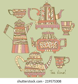 Set of teapots and cups with ornament. Teapots and cups with red, pink, ocher and white ornament on olive green background.