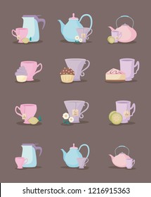 set of teapots and cups tea icon