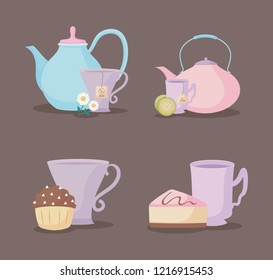 set of teapots and cups tea icon