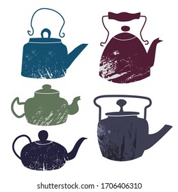 Set of teapots of different types. Flat illustration, grunge texture. Blue, brown, green, gray teapots.
