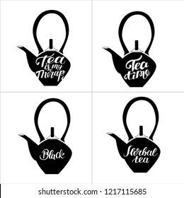 Set of teapots in doodle style. Hand drawn typography. Calligraphic design for poster, flyer, logo or blog.  Restaurant cafe menu, template design. Vector illustration on white background. Breakfast c