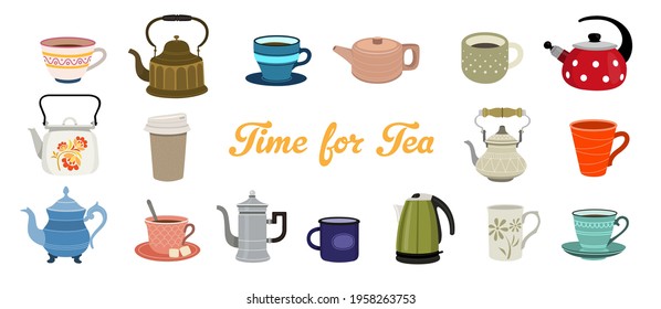 Set of teapots, flat design style. Set of color illustrations with teapots on white background.