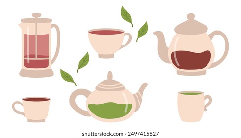 Set of teapots, French Press and cups. Vector illustration of glass teapots of different shapes with different tea.