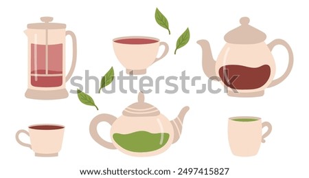 Set of teapots, French Press and cups. Vector illustration of glass teapots of different shapes with different tea.