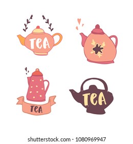 Set of teapots with hand drawn lettering. Tea. Scandinavian style illustration, modern and elegant home decor. Vector print design.