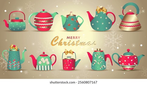 Set of teapots isolated. Cute kettles with ceramics, different design crockery, hot drinks mug, kitchen pottery tableware. Isolated appliance for boiling or heating water. Christmas decoration.