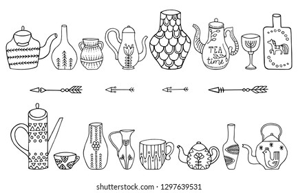 Set of teapots and jugs isolated on white background. Vector doodle collection.