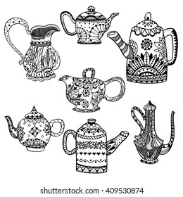 Set of Teapots and jugs isolated vector illustration. Hand drawn art made of flowers and Leaves. 