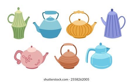 Set of  teapots and kettles. Cartoon illustrations