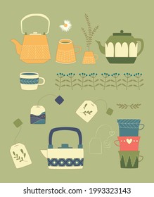 Set de tetera, hervidor y tazas para la ceremonia del té. Ilustración vectorial colorida con herramientas de cocina, flores silvestres y hierbas aisladas en el fondo verde. Vapor cerámico en caricatura plana. 