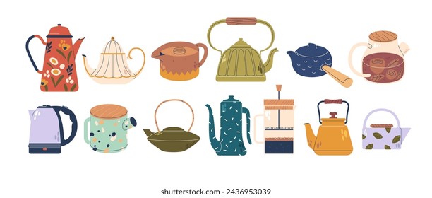 Set Of Teapots And Kettles Isolated On White Background. Vintage And Modern Decorative Kitchen Tools, Household Utensils