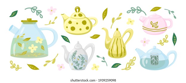 Set of teapots and kettles. Vector illustration. Glass and ceramic teapots, elements for the illustration of the kitchen, tea ceremony.