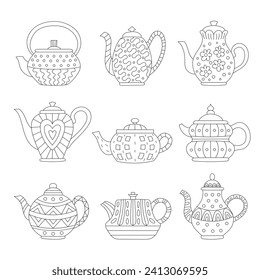 Set of teapots linear icons. A variety of teapots for brewing tea. Suitable for decorating a menu in a cafe. Can be used for coloring.